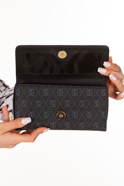 Newish Women's Vegan Leather Wallet with Black Pattern - with Card Holder and Paper Money Compartment
