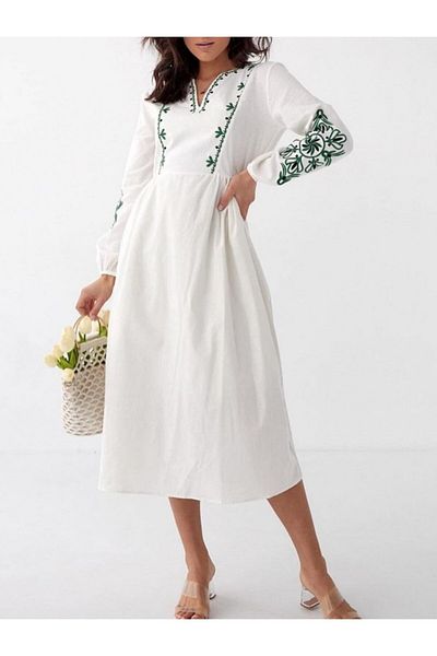 Modamorfo Rochie de in cu decolteu in V cu maneci brodate -verde