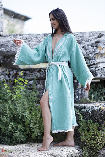 MONO 3 kat %100 pamuk dokuma ay göz desenli müslin kimono