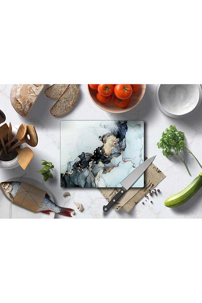Saban Black Gilded 30X40 cm Marble Glass Cutting Board