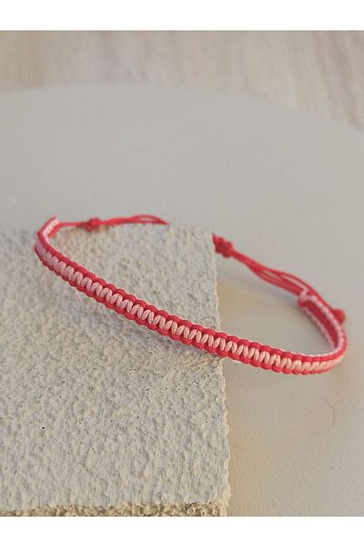 TREND Unisex Double Color Knitted Macrame Bracelet, Light Pink and Red Rope Bracelet, Gift Bracelet