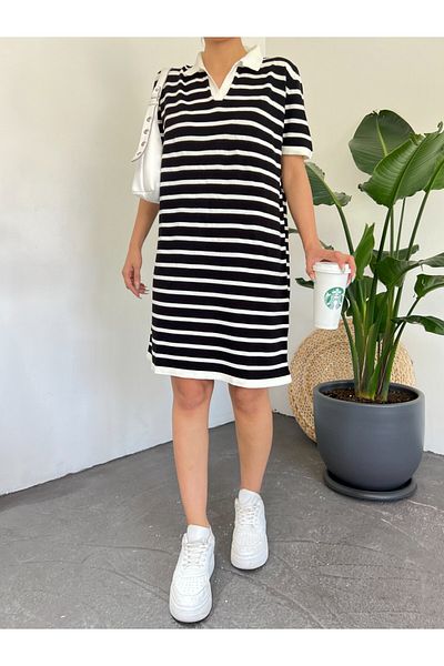 Modamorfo Polo Neck Ριγέ Πλεκτό Μίνι Φόρεμα -μαύρο