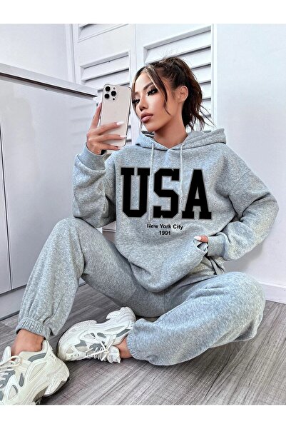 Mythologie USA Hooded Combination Bottom-Top Tracksuit Set - Gray Printed Oversize Rubber Legs