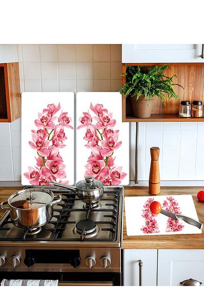 Saban Pink Orchid Set - 20X30 cm Cutting Plate and 4 Pieces 30X52 cm Glass Stove Protector