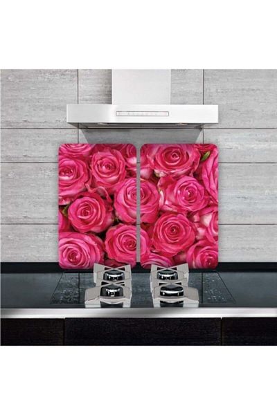 Saban 2-Piece 30X52 cm Glass Stove Protector Dark Pink Roses for 4-Piece Stoves