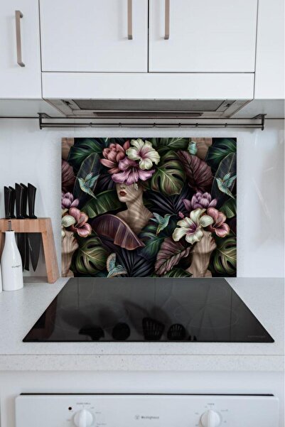 Saban واقي موقد زجاجي منقوش على شكل زهرة مقاس 60 × 70 سم