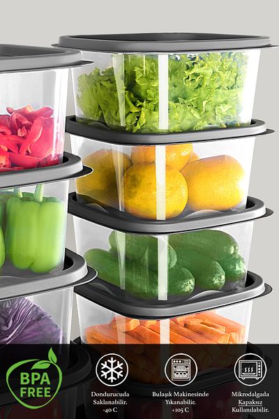 Meleni Home 4 Pieces Anthracite 1800ml Square Food Storage Container - Microwave Deep Freezer