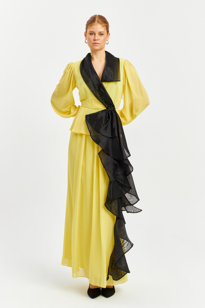 İnce Eteği Organze fırfır İşleme detaylı Uzun Şifon Abiye Elbise