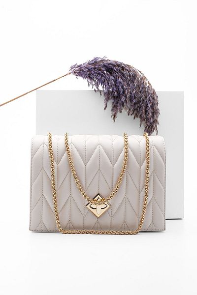 Marjin Goldfarbene Damen-Umhängetasche mit Kette, Delbin Beige