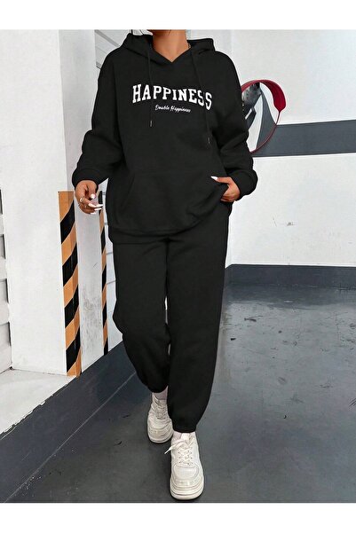 Mythologie Women's Black Happiness White Print Bottom Top Tracksuit Set Oversize Hooded