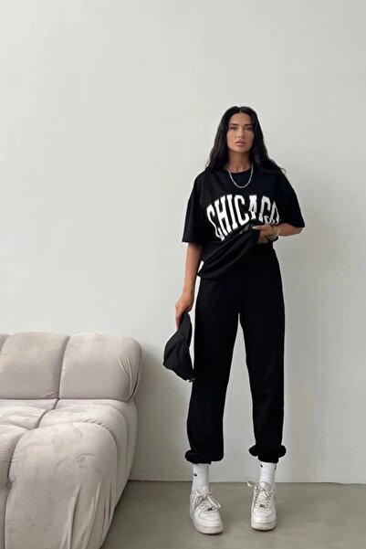 Mythologie Chicago T-Shirt Sweatpants Jogger - Black Printed Tracksuit Oversi...