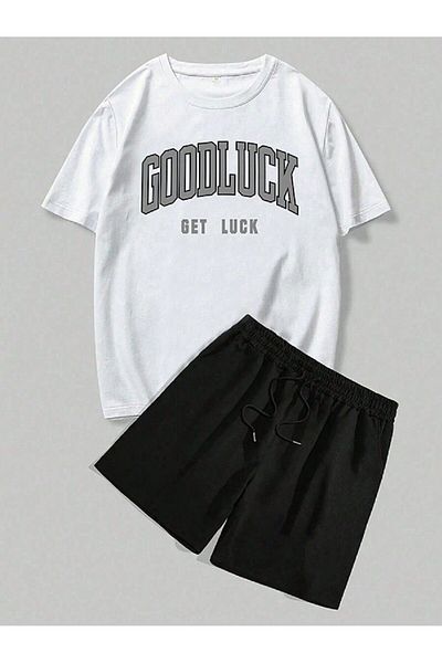 Mythologie Good Luck T-Shirt Combed Cotton Shorts - White Black Bottom Top Set Printed Oversized Crew Neck