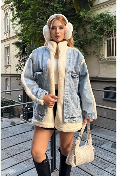 Angel Mia معطف خروف أزرق - مزين بالدانتيل