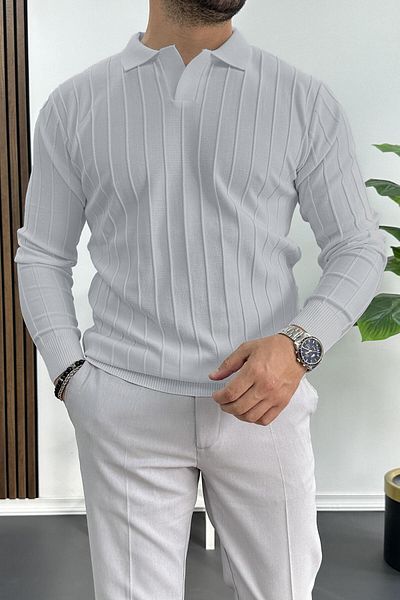 Edwox Men's Gray Polo Neck Patterned Sweater - Edw211