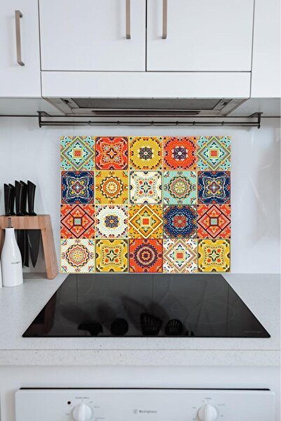 Saban واقي موقد زجاجي منقوش باللون البرتقالي مقاس 60 × 70 سم