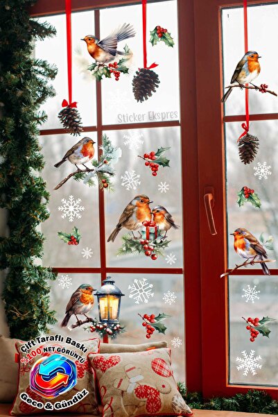 Sticker Ekspres مجموعة ملصقات زجاجية للعام الجديد - مطبوعة على الوجهين، طيور ...