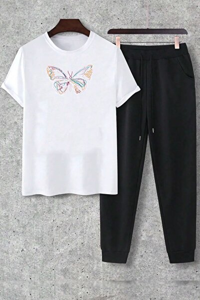 Mythologie Striped Butterfly Sweatpants T-Shirt - White Black Jogger T-Shirt ...