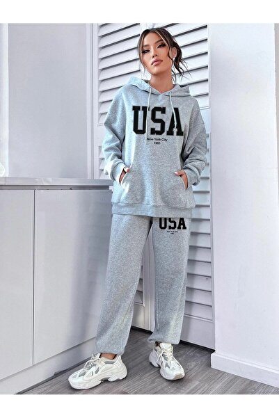 Mythologie USA Hooded Combination Bottom-Top Tracksuit Set - Gray Printed Oversize Rubber Legs
