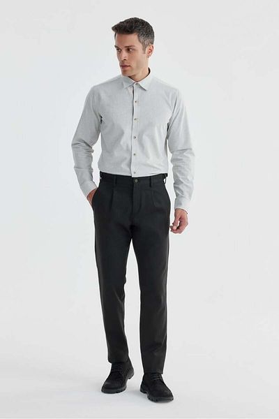 Jakamen Μαύρο παντελόνι Comfort Fit με διπλή πλισέ πόρπη στη μέση από βαμβακερό καμβά