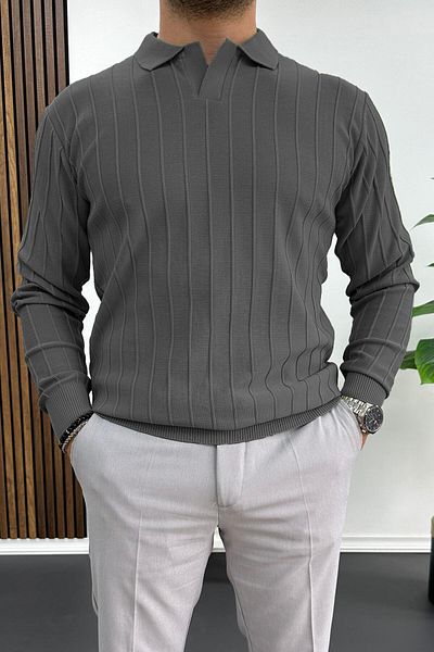Edwox Anthracite Men's Polo Neck Patterned Sweater - Edw211
