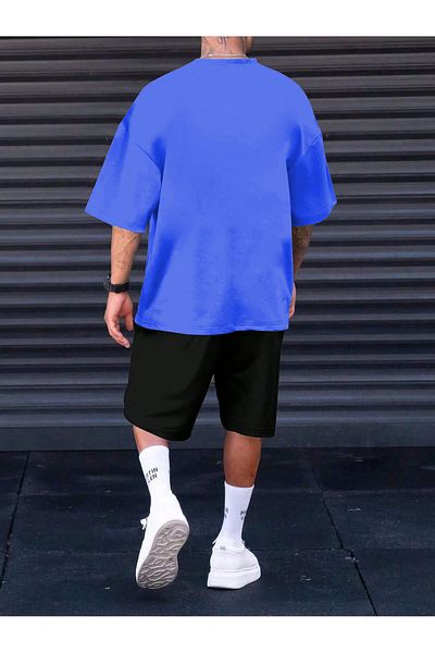Mythologie Paris Romantic T-Shirt Combed Cotton Shorts - Sax Blue Black Shorts T-Shirt Set Printed Oversized Crew Neck