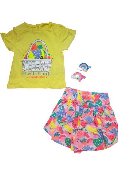Çikoby 6-36 Months Girls' Double Set Printed T-Shirt + Patterned Shorts Yellow - Pink