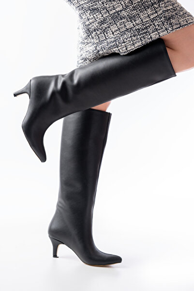 serkanseyyid Cizme de damă piele neagră plate subțiri cu toc înalt 5 cm