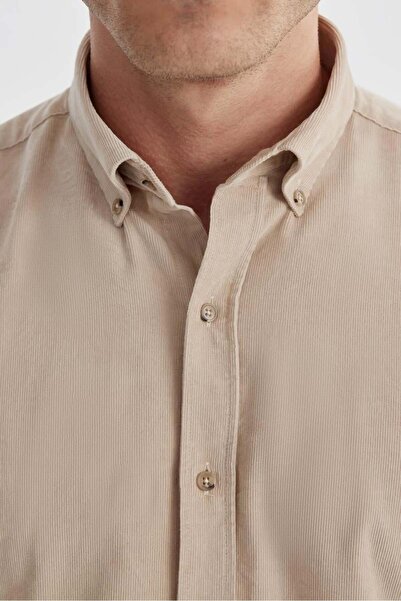 Jakamen Beige Comfort Fit Buttoned Collar 100% Cotton Velvet Shirt