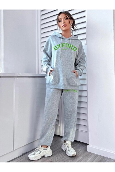 Mythologie Oxford Hooded Combination Bottom-Top Tracksuit Set - Gray Printed Oversize Rubber Legs