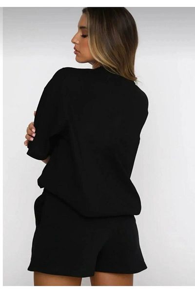 Mythologie Patternless Plain T-Shirt Combed Cotton Shorts - Black Shorts T-Shirt Set Oversize Crew Neck