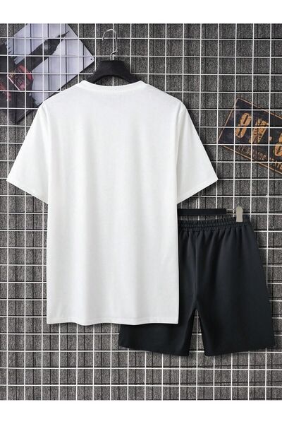 Trendglow Keep Smiling T-Shirt Combed Cotton Shorts - White Black Shorts T-Shirt Set Printed Oversize Crew Neck
