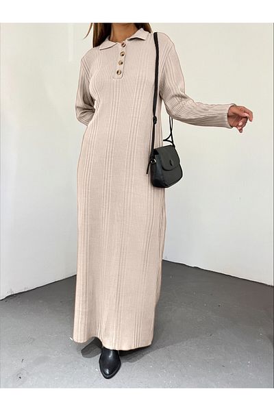 Modamorfo Steinfarbenes Strickkleid mit Polokragen