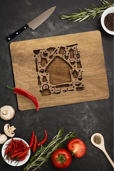 Saban 30X40 cm Wooden House Patterned Glass Cutting Board