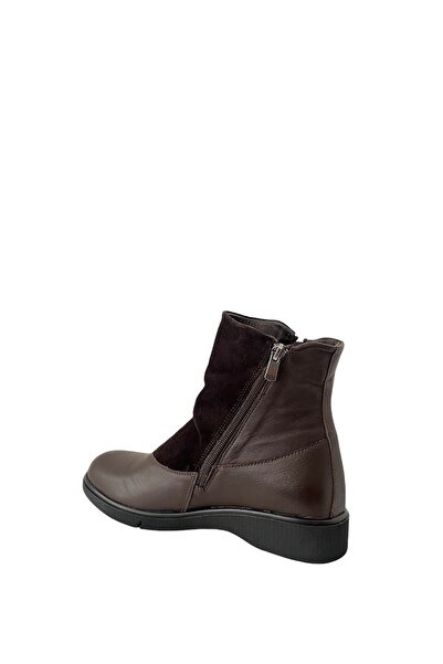 Saracshoes Gerçek Deri Kadın Bot Çift Fermuarlı Kahverengi Kafi