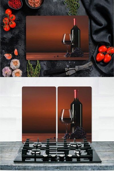 Saban Grape Wine Inside 20X30 cm Cutting Plate - Set of 2 30X52 cm Glass Stove Protector Set of 4
