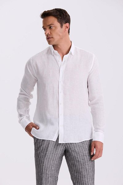 Jakamen Λευκό πουκάμισο με κουμπιά 100% λινό με γιακά Comfort Fit
