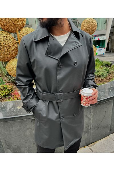 green norths Men's Leather Belt Waterproof and Windproof Trench Coat
