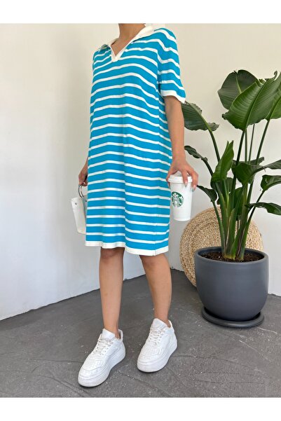 Modamorfo Поло з коміром у смужку, трикотажне міні-плаття - синє