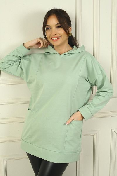 By Saygı Women's Hooded Bag Pocket 2 Thread Oversize Tunic