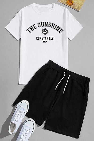Mythologie The Sunshine T-Shirt Combed Cotton Shorts - White Black Shorts T-Shirt Set Printed Oversized Crew Neck