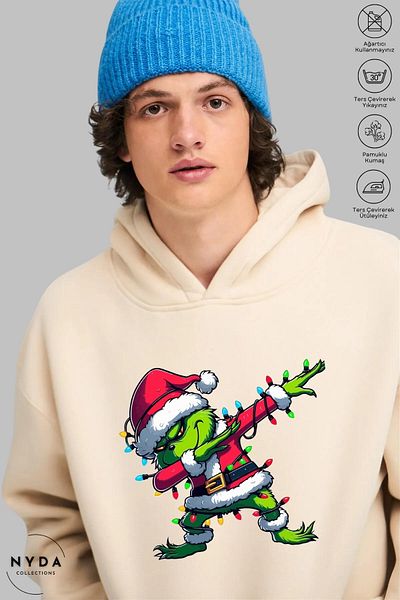 Nyda Collections Unisex Hoodie μακρυμάνικο Grinch Πρωτοχρονιάτικο Χορευτικό Φούτερ με κουκούλα Raster Oversize βαμβακερό