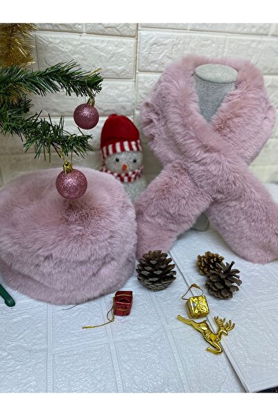 sema aksesuar New Year's New Year's Gift Furry Plush Heart Hat and Scarf Set - Winter Faux Fur Rus
