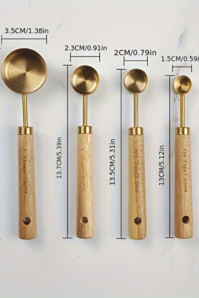 MİS KİTCHEN 4 Stainless Steel Measuring Cups - Wooden Handle, 1.25ml 2.5ml 5ml 15ml