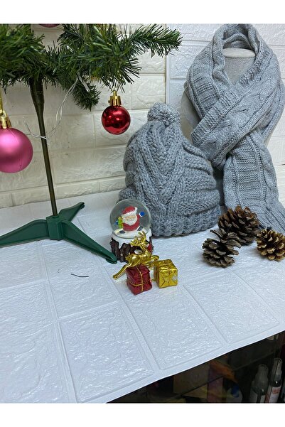 sema aksesuar New Year's Christmas Gift - Pompom Knitwear Beanie Hat and Scarf Set of 2