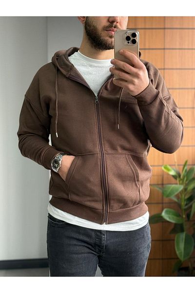 Altamira Men's Brown Zippered Hooded Oversize Cardigan