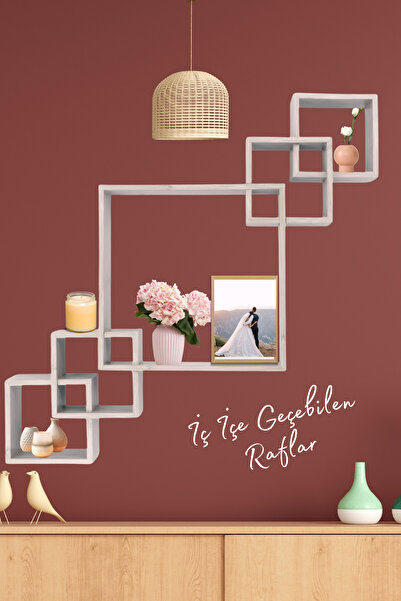 grimorlife İç Içe Geçen Ahşap Beşli Kare Dekoratif Çerçeve Duvar Rafı-ev Deko...