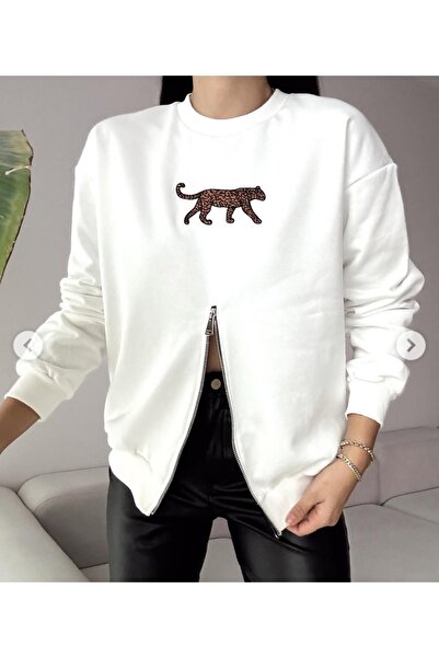 Alegante Leopar Nakışlı Fermuarlı Krem Rengi Oversize Sweatshirt