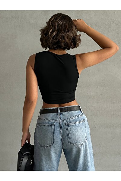 The Base Жіночий чорний топ з тканини для підводного плавання на манжетах з V-подібним вирізом на товстих бретелях