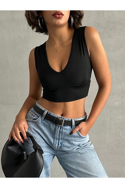 The Base Women's Black Scuba Fabric Cuffed V-Neck Thick Strap Crop Top
