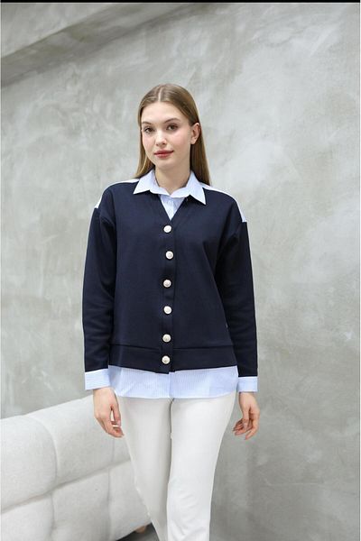 HARMONY GLOBAL Women's Dark Blue Striped Shirt Stylish Buttoned Cardigan